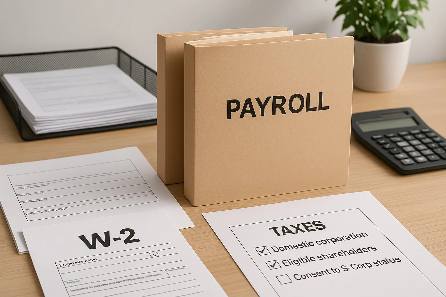 Small business office with neatly organized payroll forms, W-2s, and tax folders, symbolizing new administrative responsibilities.