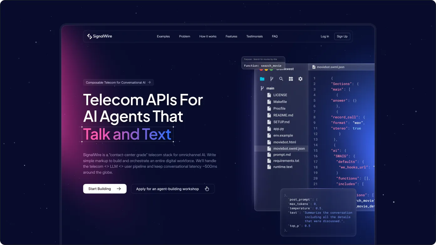 SignalWire website hero featuring telecom APIs for AI agents, conversational AI tools, and SWML development.