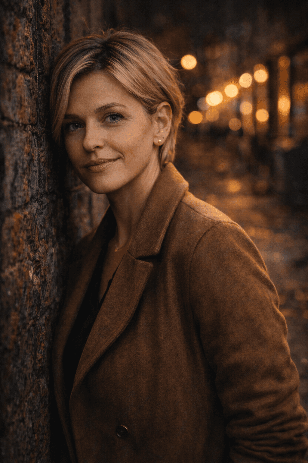 A person with short hair and a warm smile is leaning against a textured wall in a dimly lit street, adorned with soft, glowing streetlights creating a cozy autumn atmosphere.