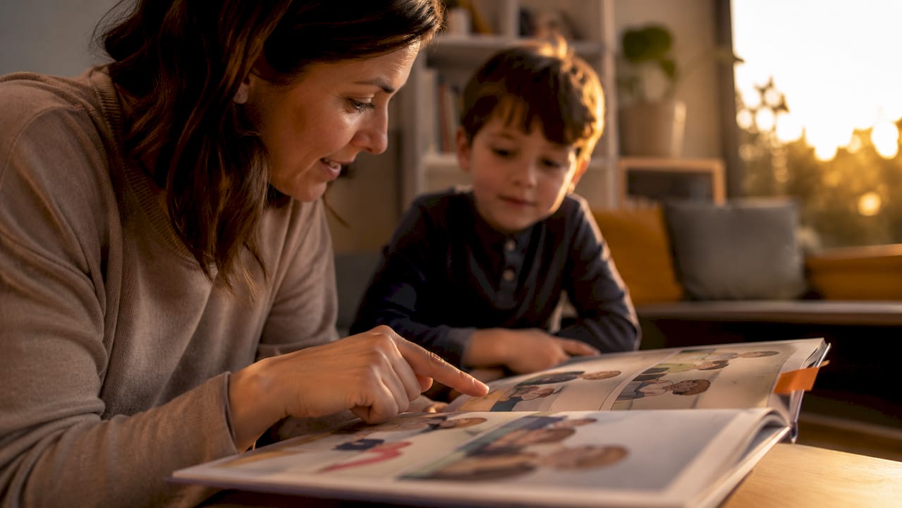 Un cuidador y un niño repasando una historia social