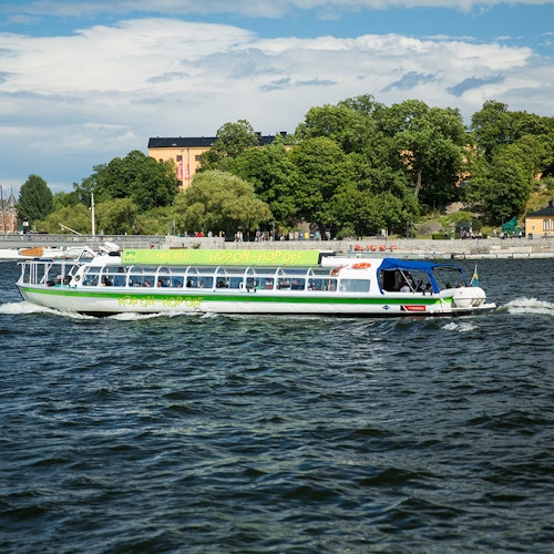Egy zöld és fehér hop-on-hop-off hajó cirkál a vízen, a part mentén fákkal és háttérben épületekkel.