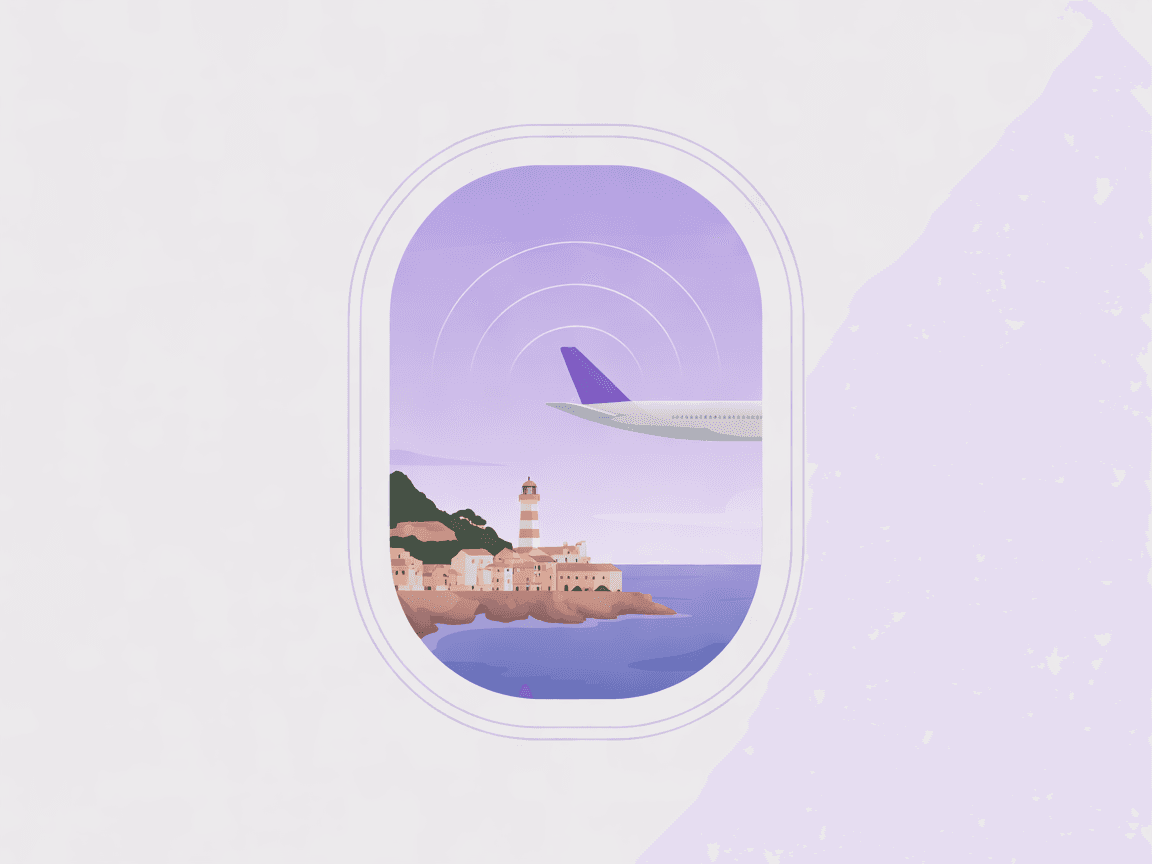 An aeroplane window over a European coastal town at dusk, with signal arcs drawn above the wing