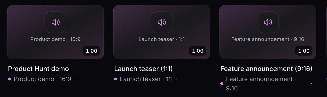 Three launch-day videos in the content library: a 16:9 demo, a 1:1 launch teaser and a 9:16 feature announcement