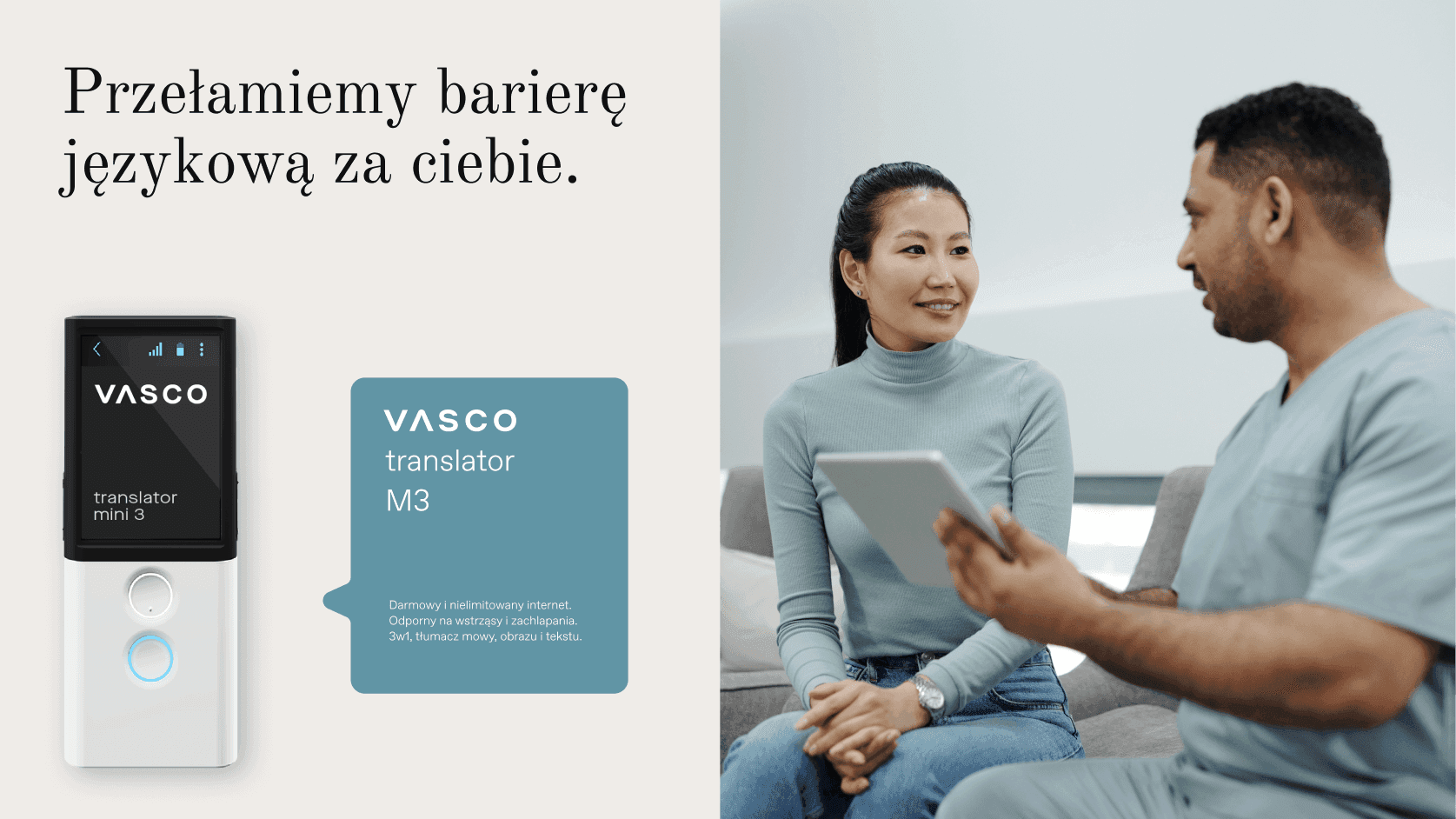 Baner „Przełamiemy barierę językową za ciebie.” z translatorem, dymkiem „Vasco translator M3” i rozmową kobiety z medykiem.