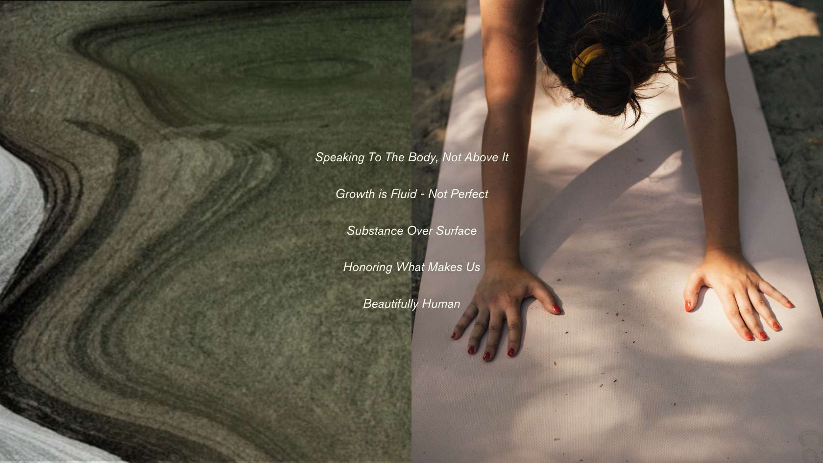 Woman practicing mindful movement on a yoga mat with abstract natural textures for State of Soma’s wellness brand visuals.