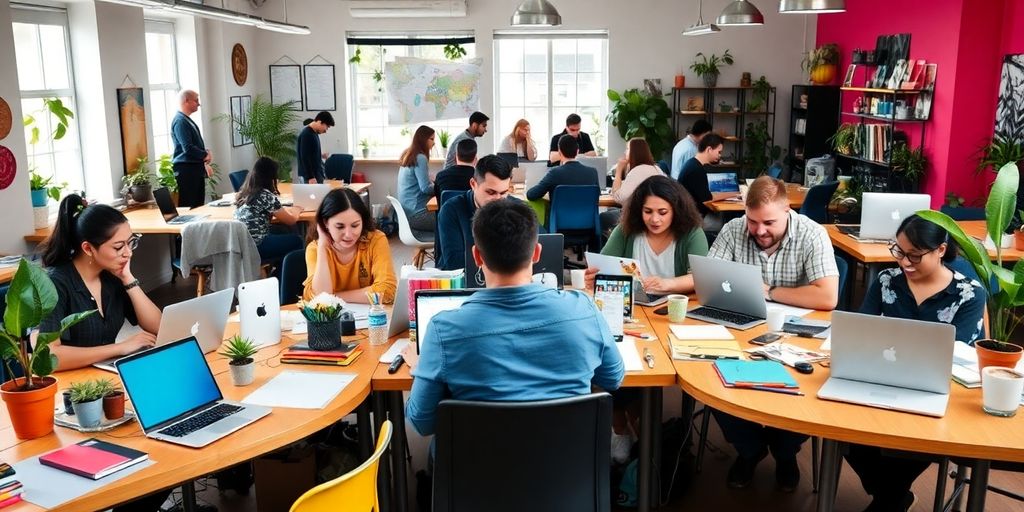 Freelancers collaborating in a bright, modern workspace.