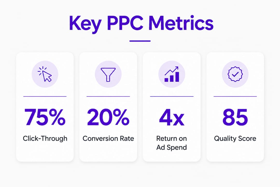 Infographic displaying key PPC performance metrics with numbers and labels