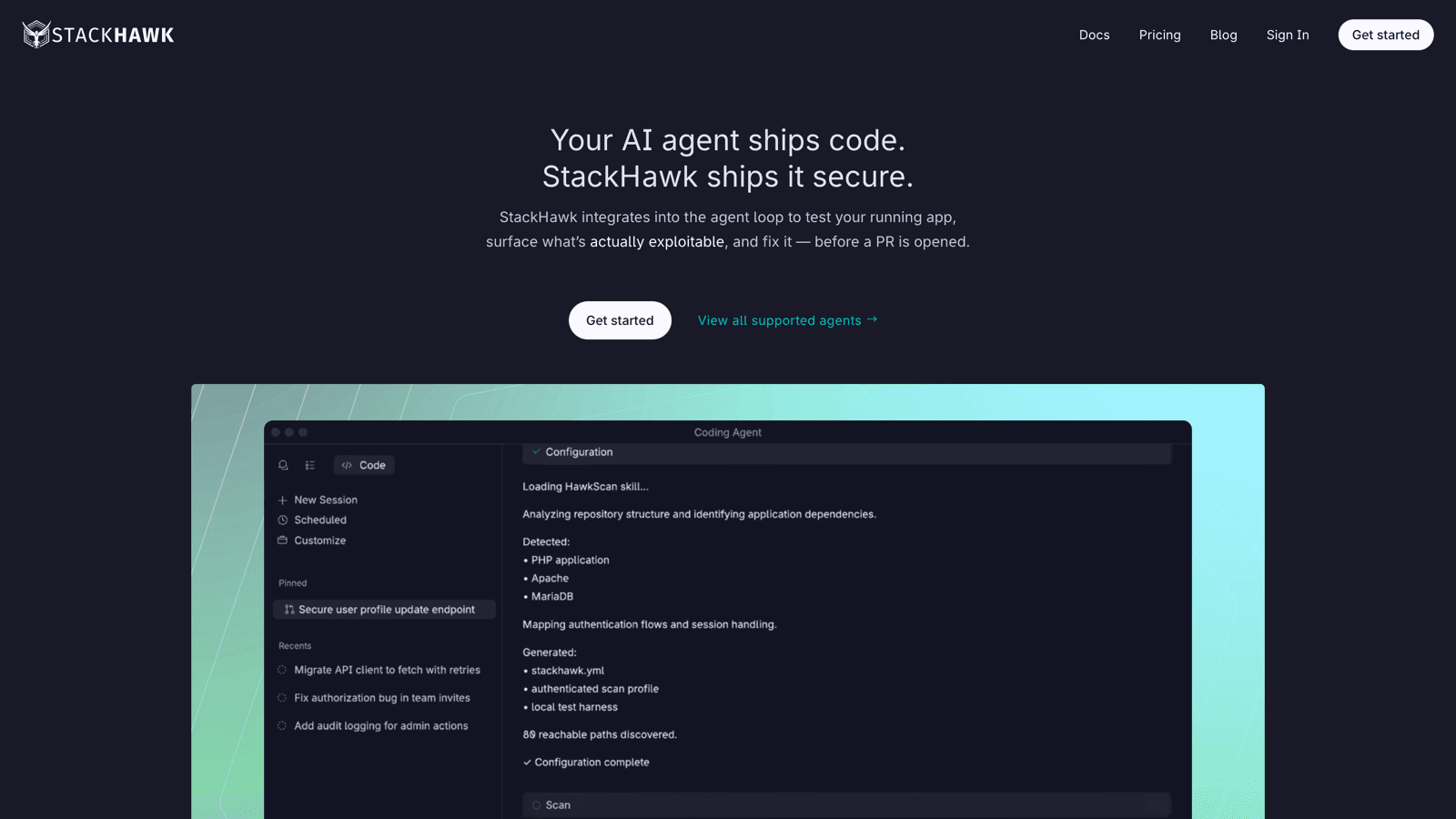 StackHawk homepage with the headline Your AI agent ships code, StackHawk ships it secure