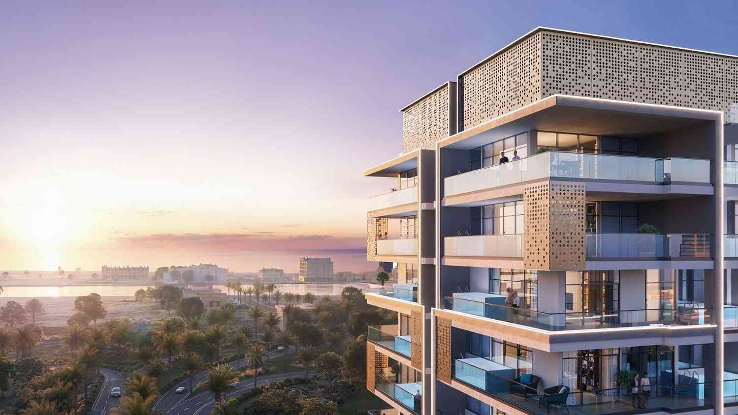 Ocean Crest, a contemporary apartment building in Dubai, featuring sleek lines and a striking facade.