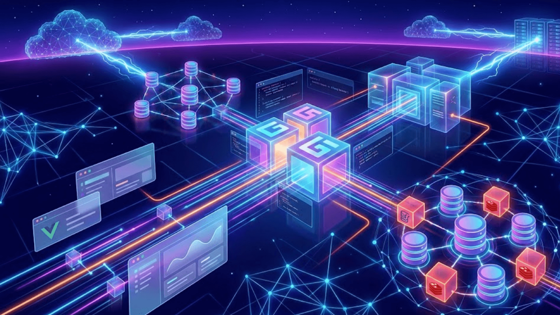 A futuristic, abstract visualization of a high-performance software architecture set against a dark purple and blue digital landscape. Central glowing cubes marked with "G" represent a modular Golang backend, connecting via neon orange data streams to a cluster of cylindrical databases and red nodes on the right, symbolizing a NoSQL and Redis data layer. On the left, floating translucent UI panels with a green "V" logo represent a Vue.js frontend. The entire system is surrounded by glowing blue neural network connections and lightning bolts descending from cloud nodes, illustrating edge computing and AI integration.