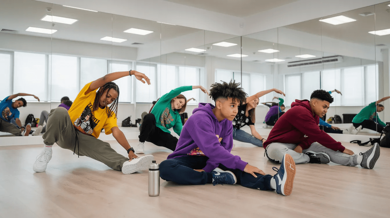 A group of teenage hip-hop dancers is seen stretching in a bright and modern dance studio, complete with mirrors that reflect their movements. The atmosphere is energetic and focused, highlighting the importance of student engagement and effective dance studio management for long-term success.