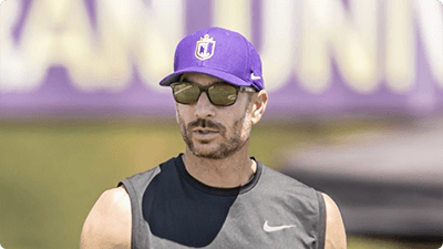 Christian Masegian, co-founder of Modern Football Technology, demonstrating the platform at California Lutheran University football field in Thousand Oaks