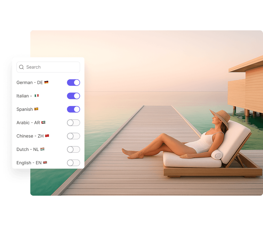 A woman in a sunhat and white swimsuit relaxes on a cushioned wooden lounge chair on a dock extending over calm turquoise waters, with a modern wooden building on stilts in the background under a soft, pastel sunset sky; a search bar and language selection interface is visible on the left.