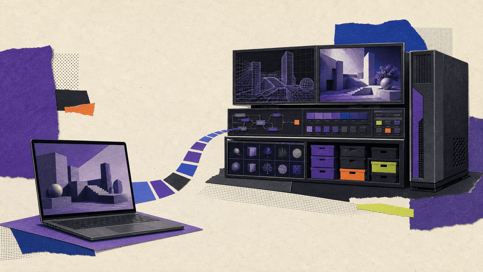Editorial illustration showing a lightweight laptop connected to a remote high-performance creative workstation