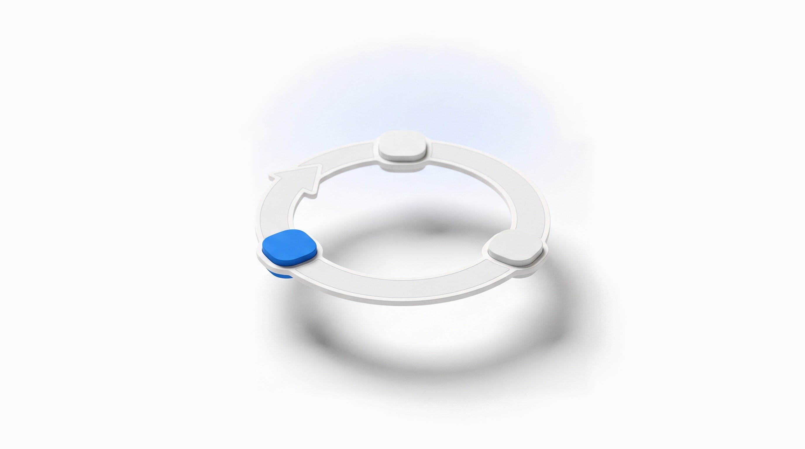 Ein geschlossener Ring mit Pfeil und drei Stationen, von denen eine blau hervorgehoben ist, als Bild für den Freigabelauf einer Änderung im CMS