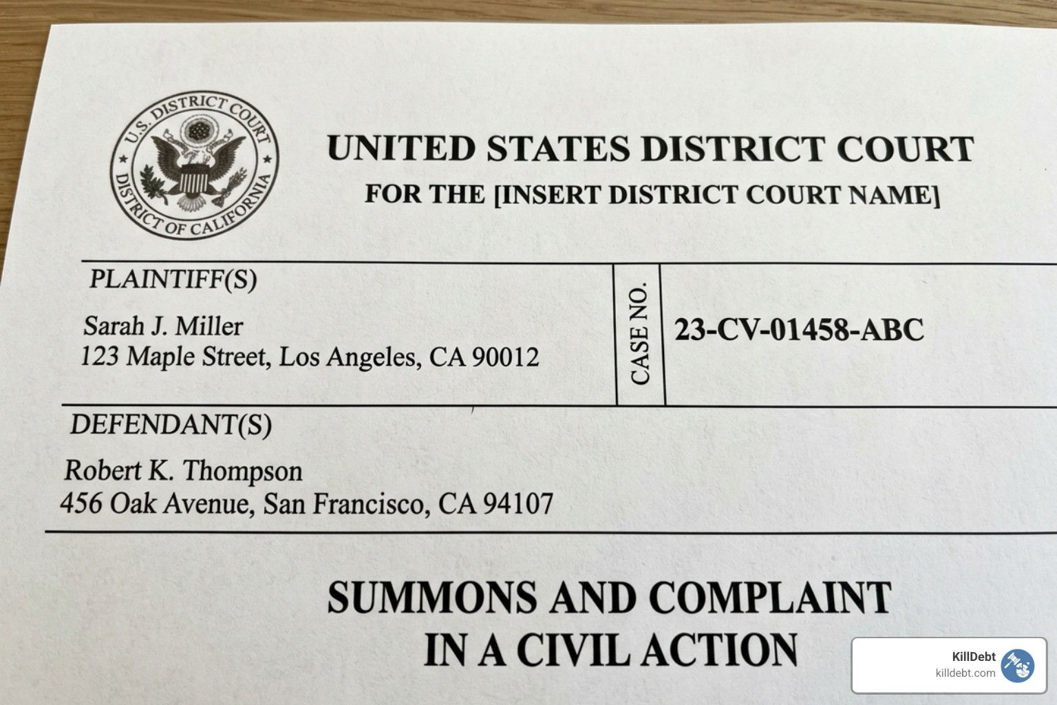 Header of a standard court document showing Plaintiff, Defendant, and Case Number - sample answer to debt collection lawsuit