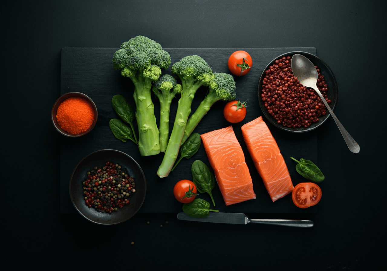 Professional photography of fresh healthy ingredients on a dark matte black surface, moody lighting, shallow depth of field, high contrast, warm orange-red accents, minimalist composition, dark food photography style, dramatic shadows, lifestyle health concept