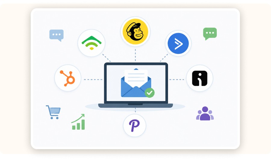 Minimal illustration showing email platform connected to multiple marketing tools and channels