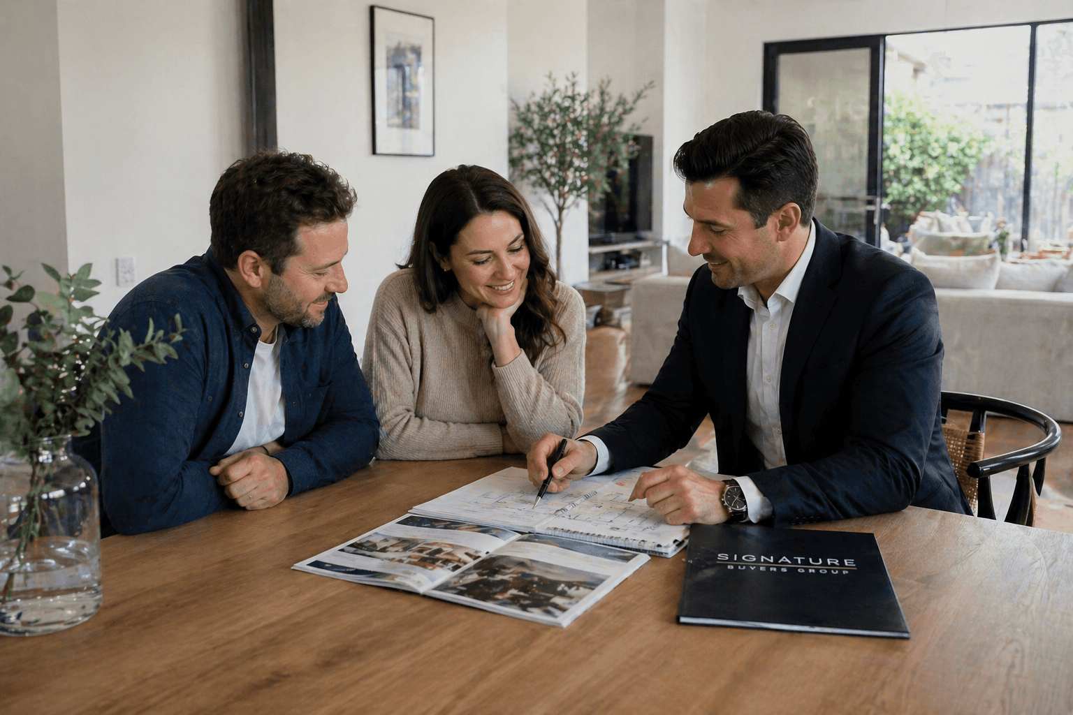 Buyers agent meeting with a couple in a modern Melbourne home, reviewing property plans and discussing a home purchase at a dining table.