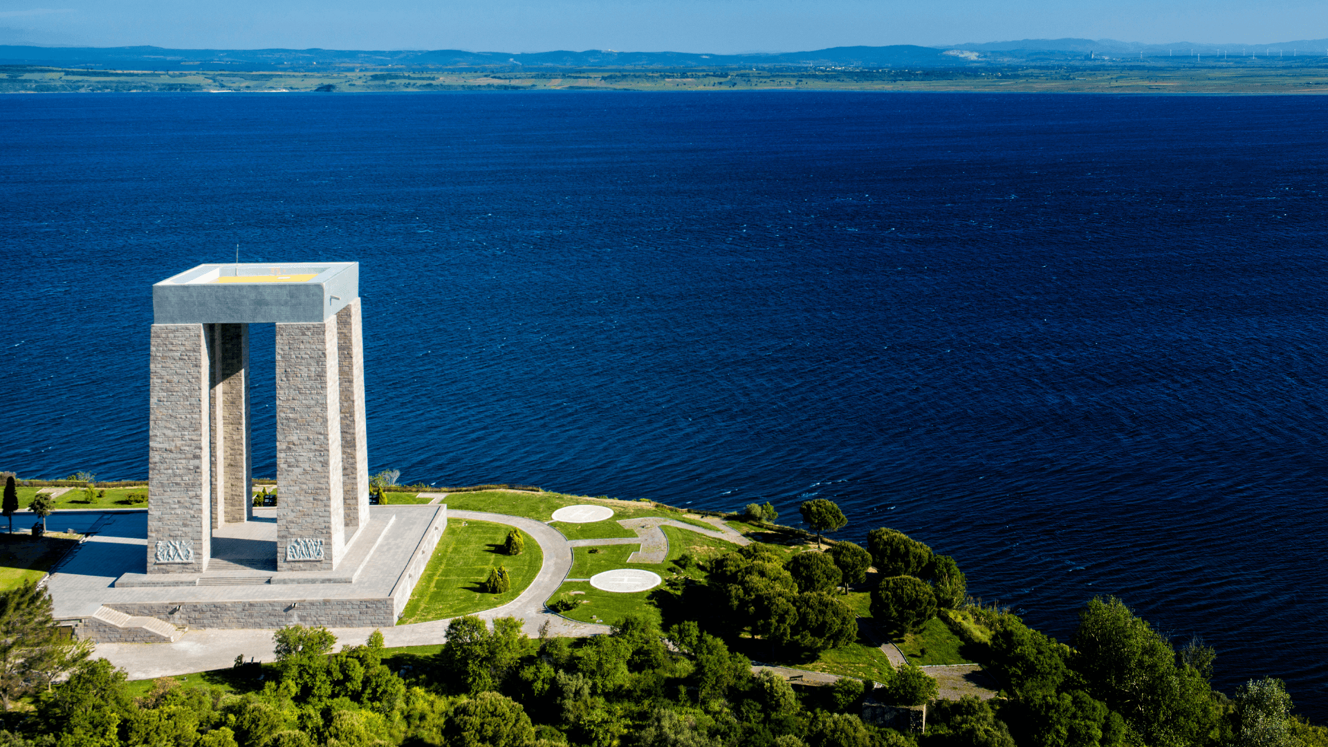 Çanakkale Martyrs’ Memorial overlooking the Dardanelles in Gallipoli, Türkiye, honoring the soldiers of the Gallipoli Campaign with panoramic sea and coastal landscape views.