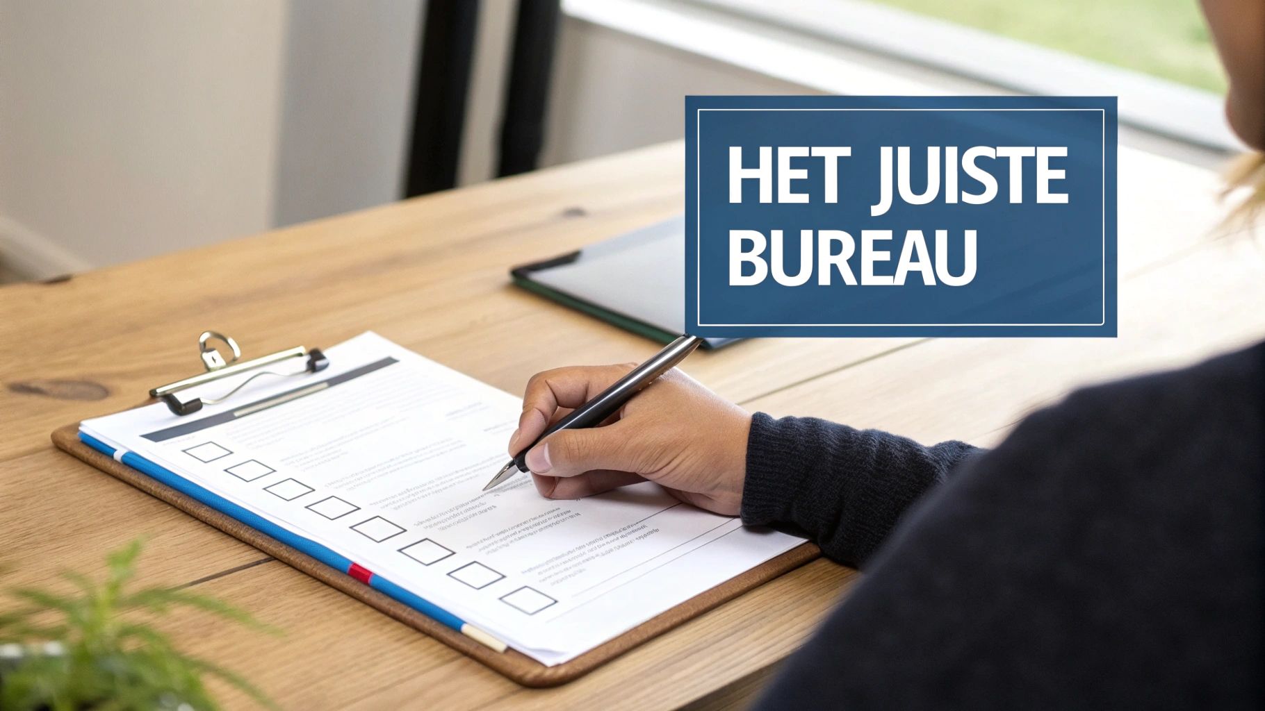 Een persoon vult een formulier in met een pen op een klembord. Tekst overlay: 'HET JUISTE BUREAU'.