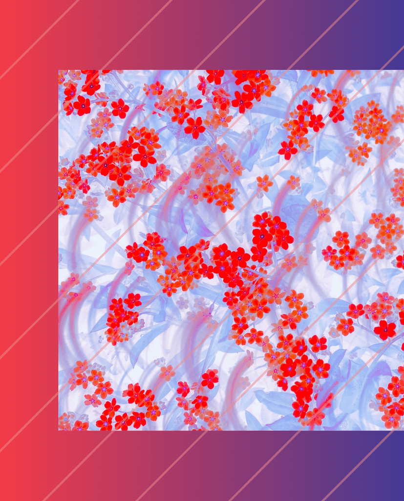 Red flowers on a blue and white background.
