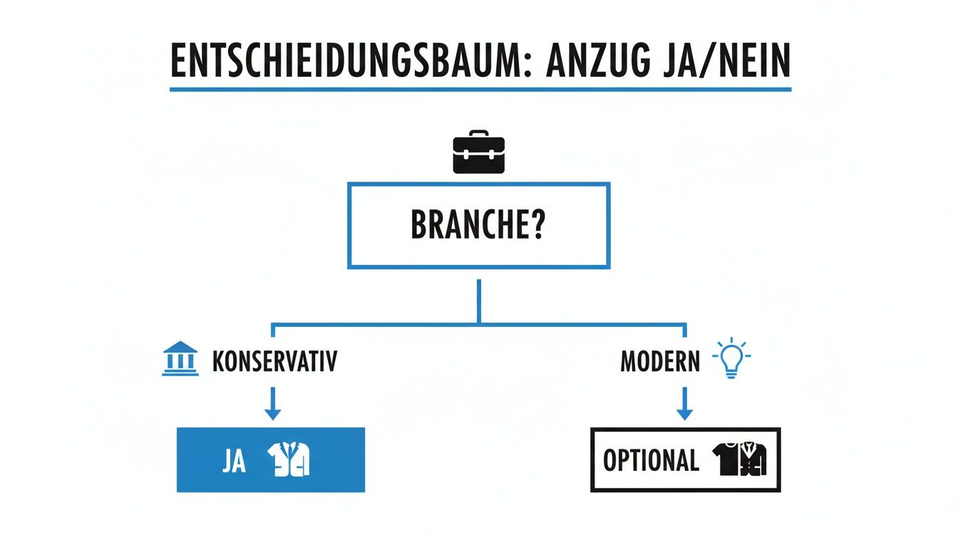 Ein Entscheidungsbaum zur Frage, ob ein Anzug für ein Bewerbungsfoto je nach Branche angebracht ist.