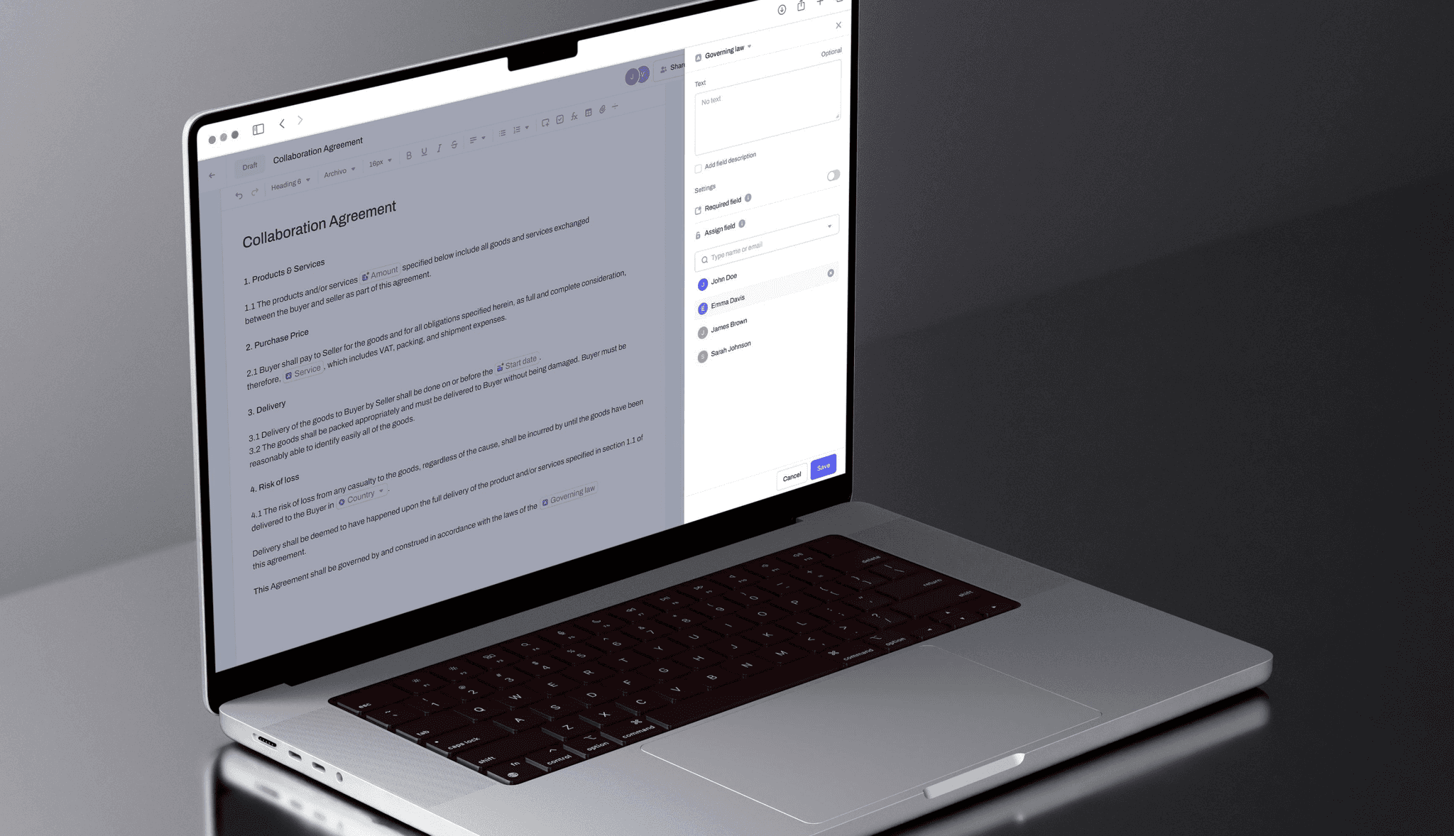 Laptop showing contract editor with assignable data fields panel.