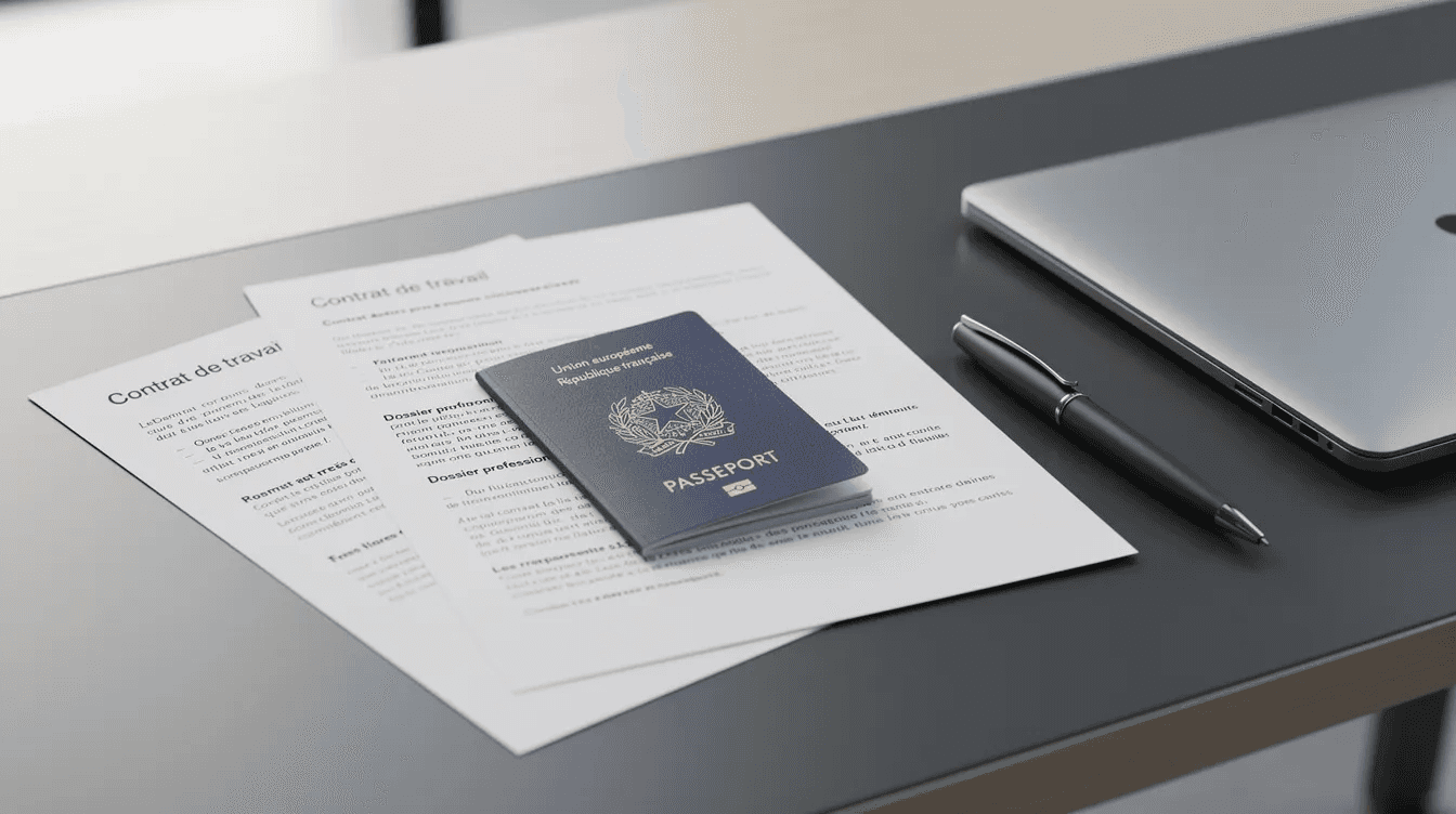 Sur un bureau moderne, des documents professionnels et un passeport sont soigneusement posés, évoquant l'organisation et la préparation pour des démarches administratives, telles que l'ouverture d'un compte bancaire en ligne en Irlande. Ce cadre reflète également l'importance de la sécurité et de la gestion des informations personnelles dans le monde des services financiers.