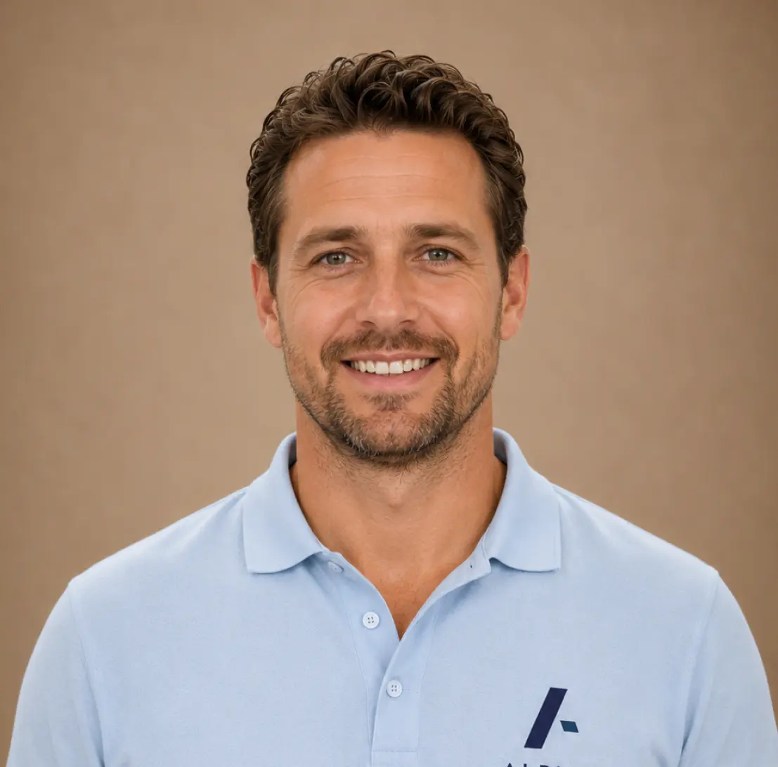 Professional headshot of a man with short brown hair and a light beard. He wears a navy blazer and gray shirt, conveying confidence and approachability.