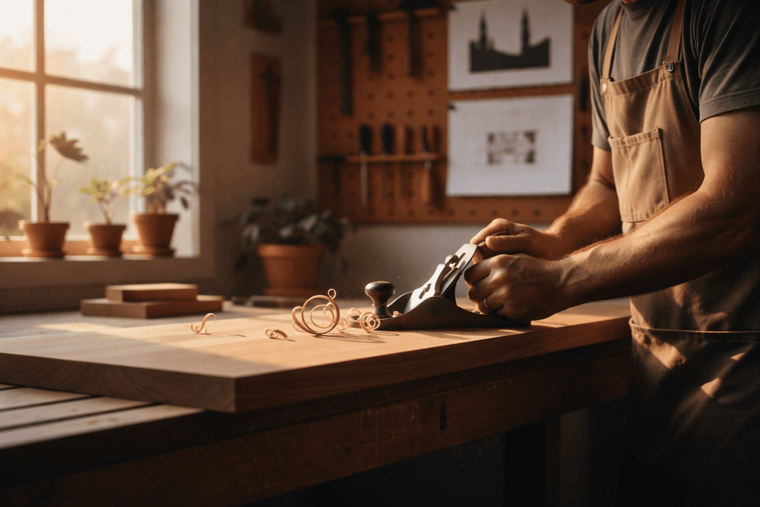 carpenter crafting object with wood & tools