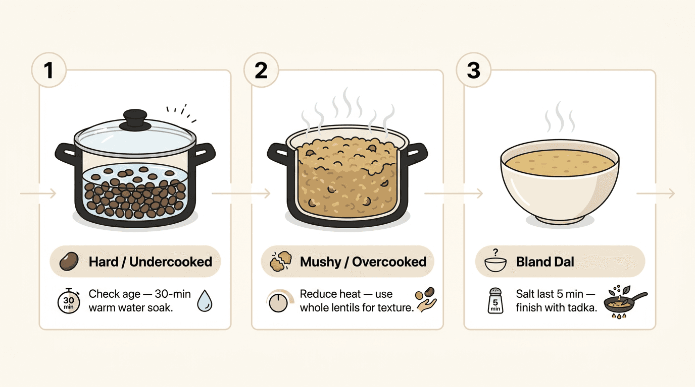 Infographic showing three common lentil cooking mistakes and their fixes