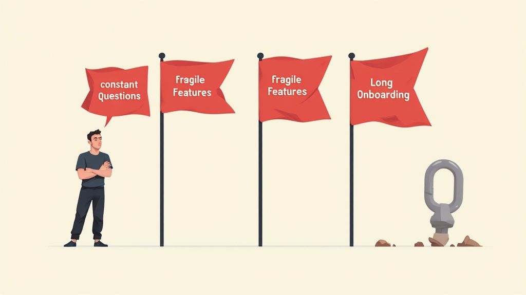 A man observes four red flags labeled 'constant Questions', 'Fragile Features', and 'Long Onboarding'.