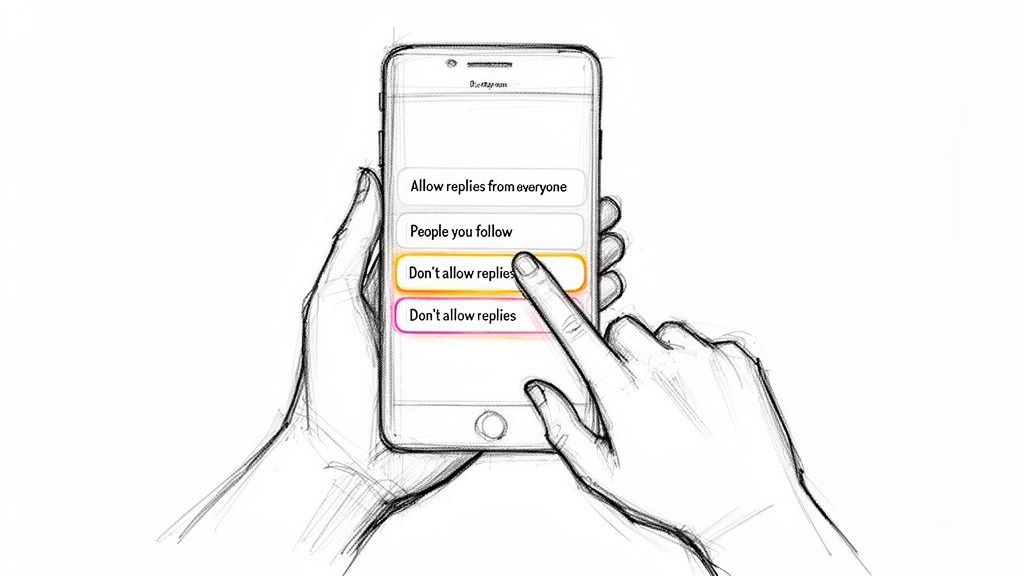 Sketch of hands using a smartphone to select "Don't allow replies" on Instagram settings.