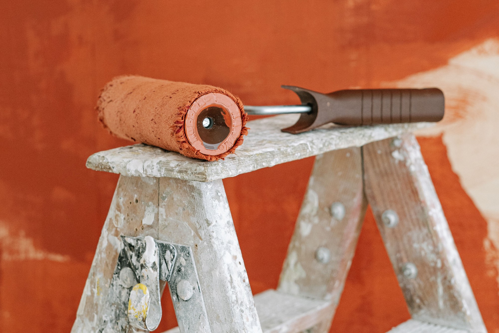 Paint roller on a ladder representing the decision to redesign a website or focus on SEO first