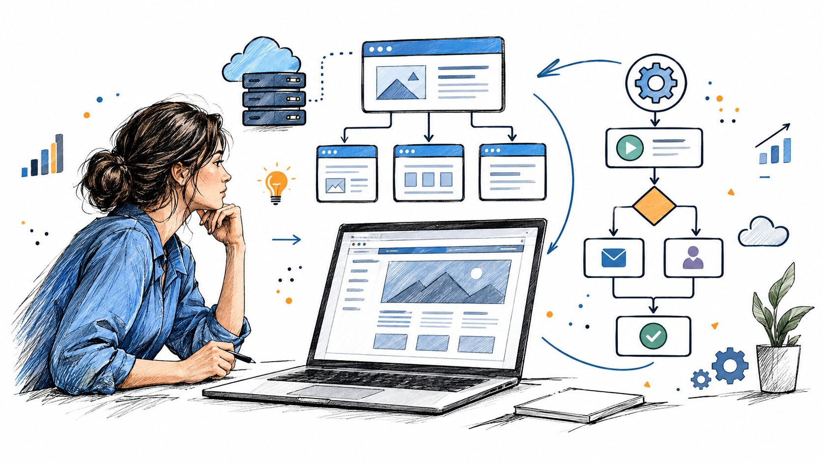 A professional woman designing a B2B marketing automation strategy on her laptop with workflow diagrams and icons.