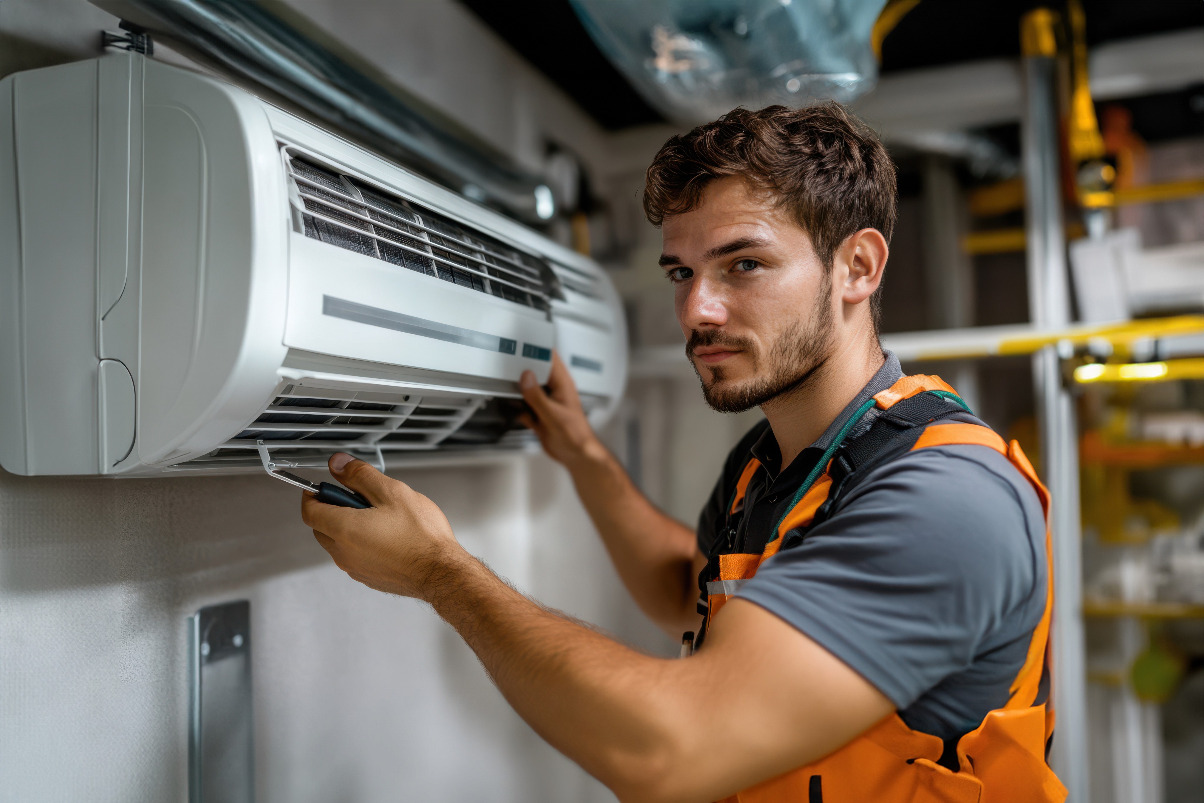 a couple of men standing on top of a roof