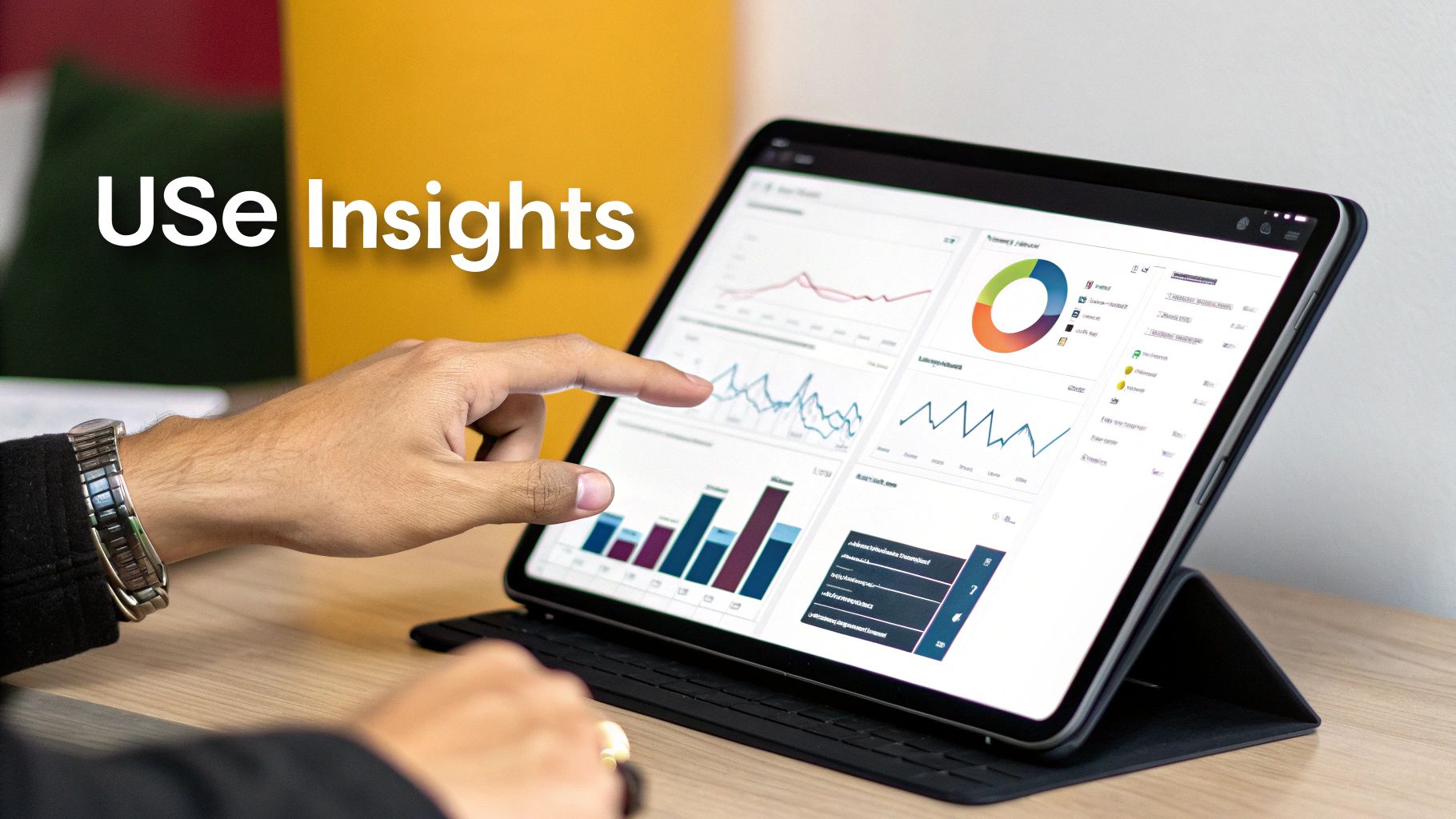 A person's hand interacts with a tablet displaying various data charts and graphs, highlighting insights.