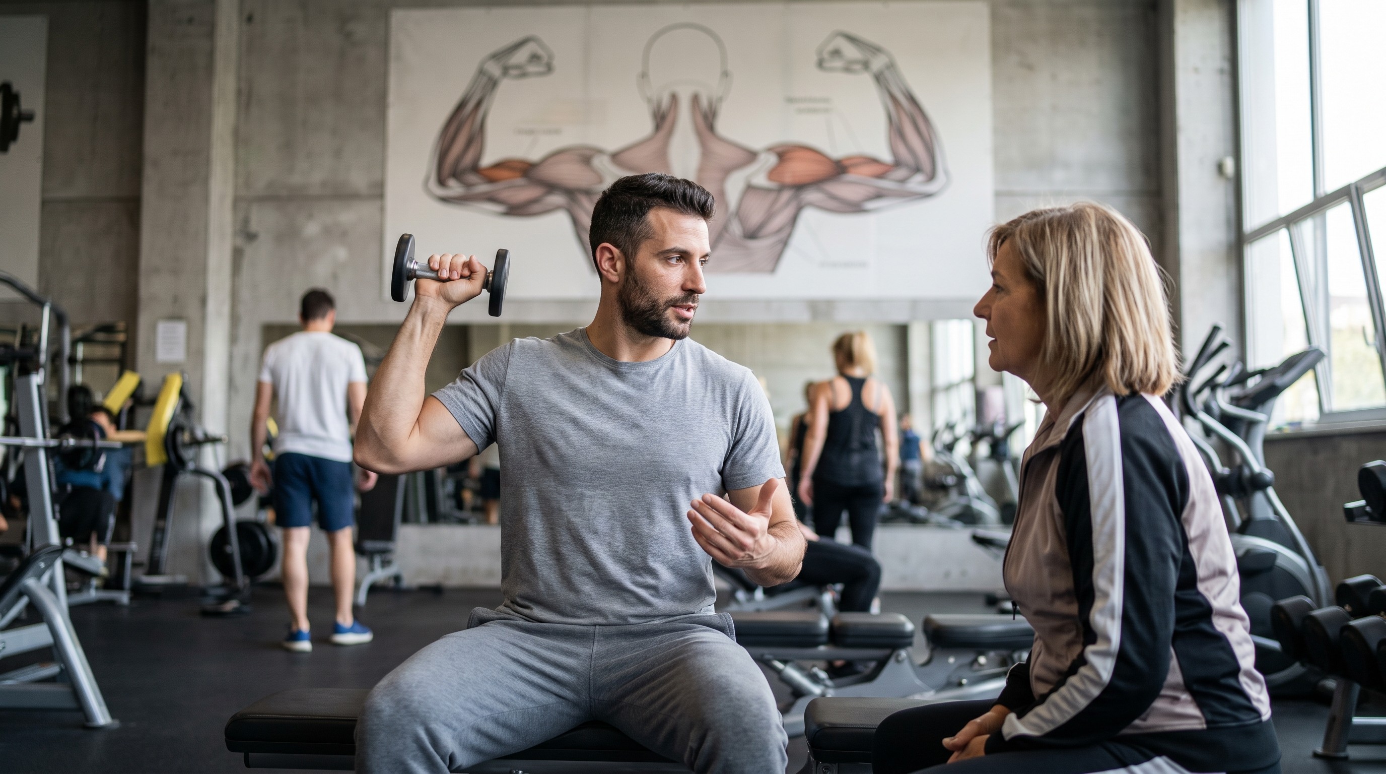 Istruttore AIF spiega benefici salute allenamento con i pesi a cliente in palestra