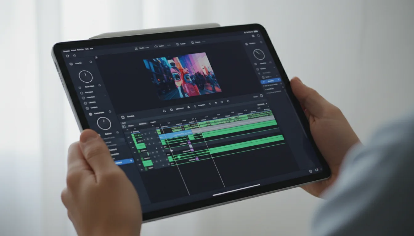 DSLR photograph of a person holding a black iPad Pro in landscape orientation, displaying the DaVinci Resolve for iPad software interface in modern dark mode. The screen shows a complex video editing timeline with green video clips, a video preview panel, and abstracted UI elements. A white stylus is attached to the top. The image is captured with soft, diffused natural daylight, creating a shallow depth of field with the iPad screen in sharp focus against a softly blurred white background with subtle vertical shadows.