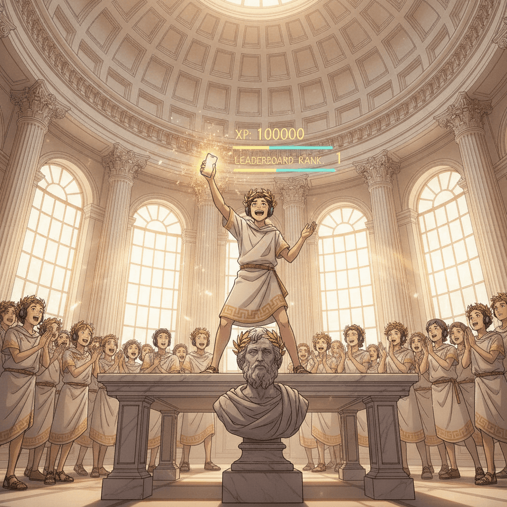 Triumphant student standing on a marble desk holding a smartphone erupting with golden sparks while XP and leaderboard counters glow above classmates cheering in awe