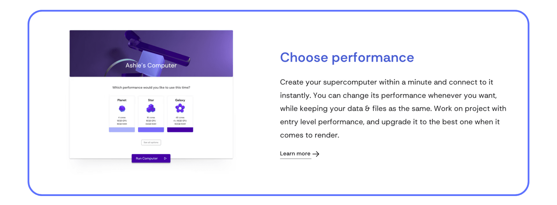 Vagon performance selection screen showing three cloud computer tiers—Planet, Star, and Galaxy—next to a description encouraging users to choose their preferred performance.