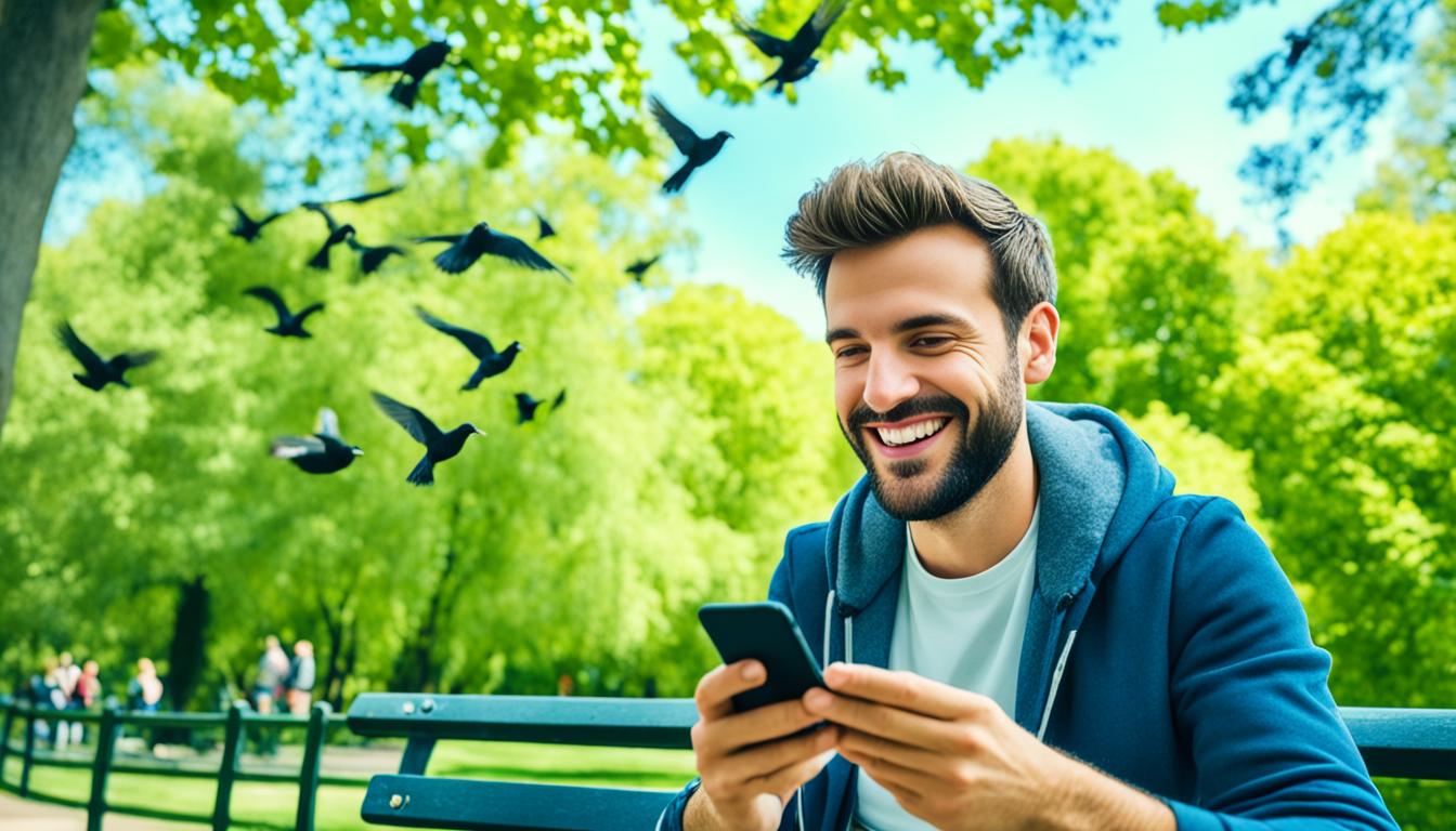 A person sitting on a bench in a park, using their phone to engage with their followers on social media. The background should show green trees and a blue sky. The person should have a genuine smile on their face, conveying a sense of authenticity and friendliness towards their followers. There should be several birds perched nearby, adding to the natural feel of the image. The phone screen should show positive comments from followers, indicating that the person has successfully built authentic relationships with their audience.