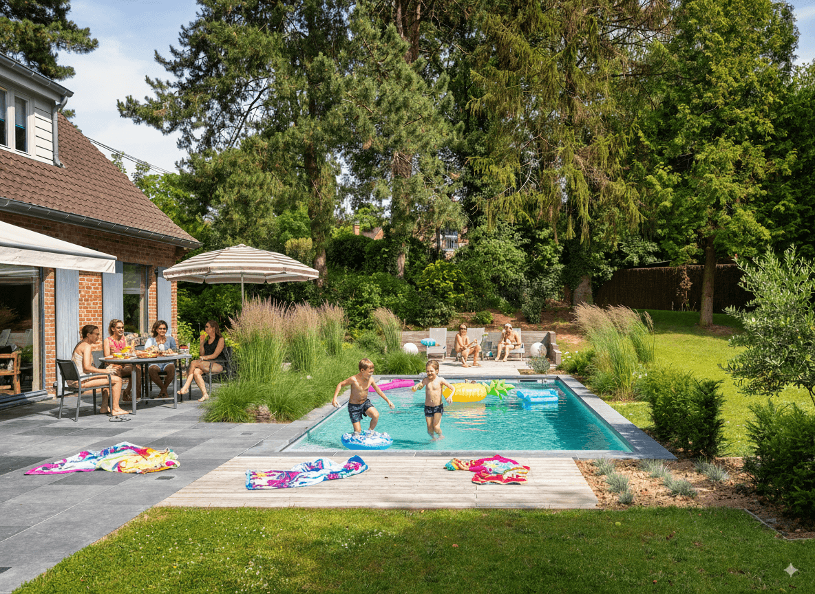 Famille profitant de la piscine et du jardin d’une maison à Lille — photo lifestyle immobilière Nord | Anteale | Yann Manac’h