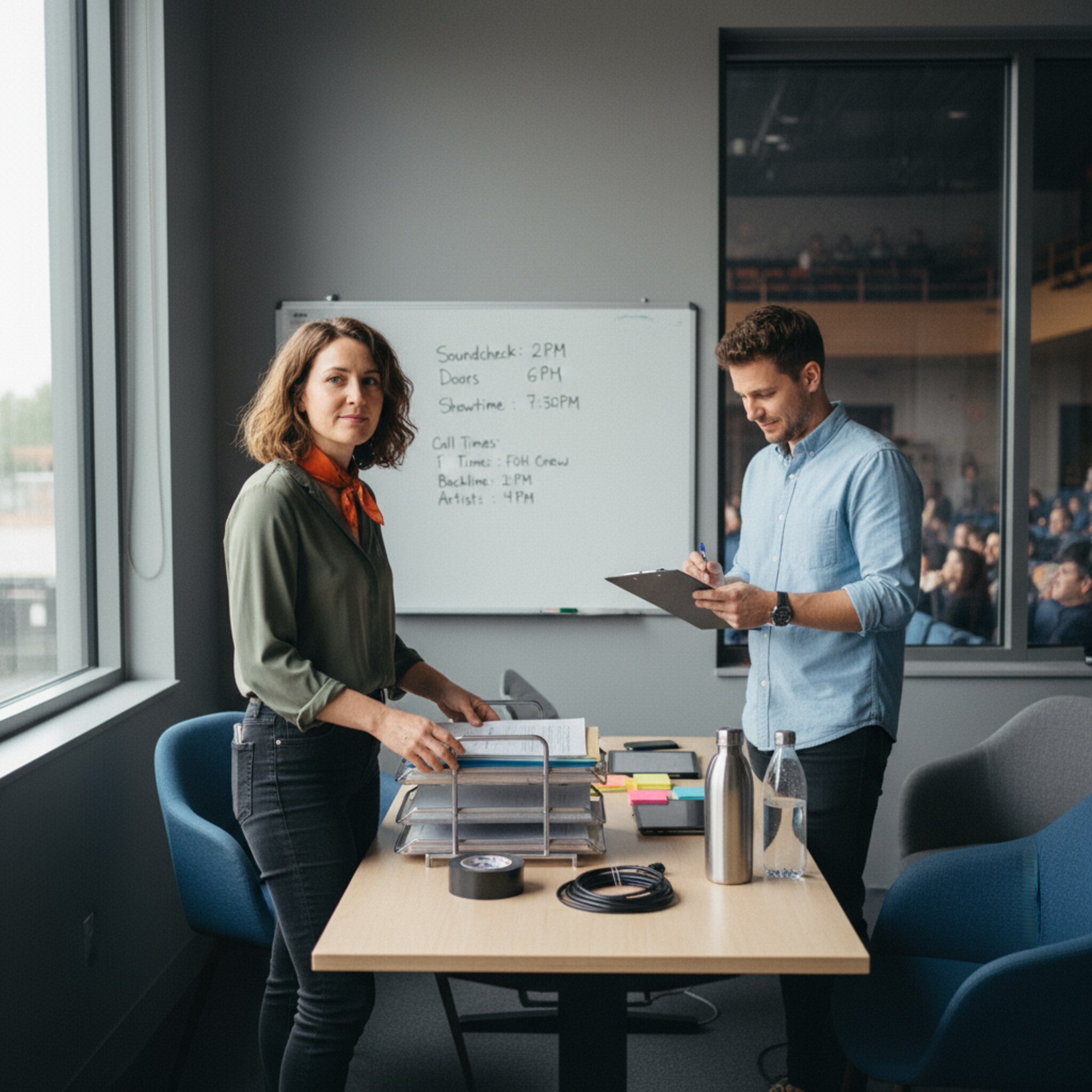 Im Produktionsbüro sortiert eine Veranstalterin sauber beschriftete Dokumentenmappen, während draußen die Halle langsam füllt. Ein Kollege streicht Punkte auf dem Ablaufplan ab und nickt zufrieden. Die Atmosphäre vermittelt Übersicht, Verbindlichkeit und Ruhe.