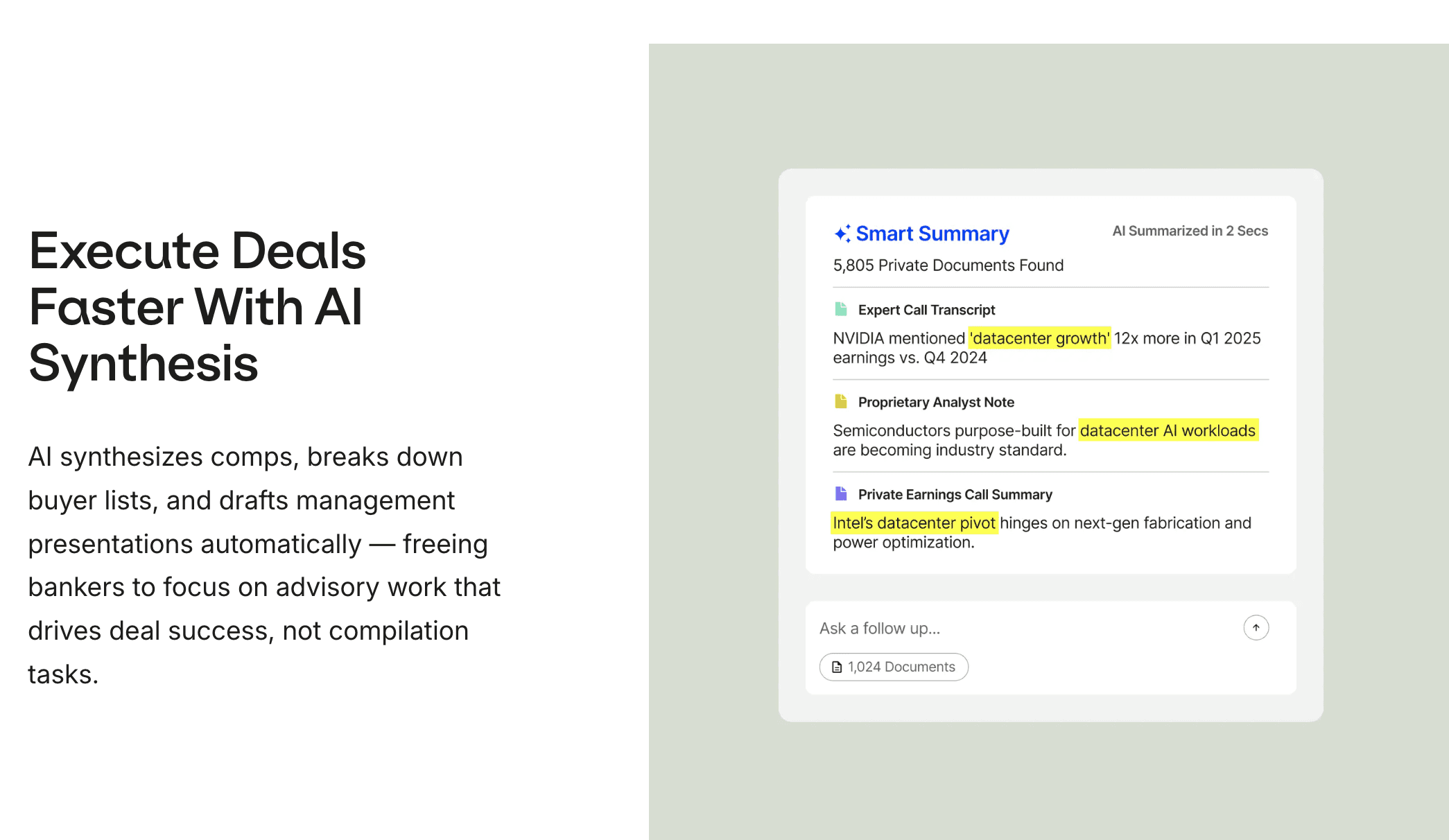 AlphaSense Smart Summary synthesizing AI insights from expert call transcripts, analyst notes, and earnings calls across 5,805 private documents