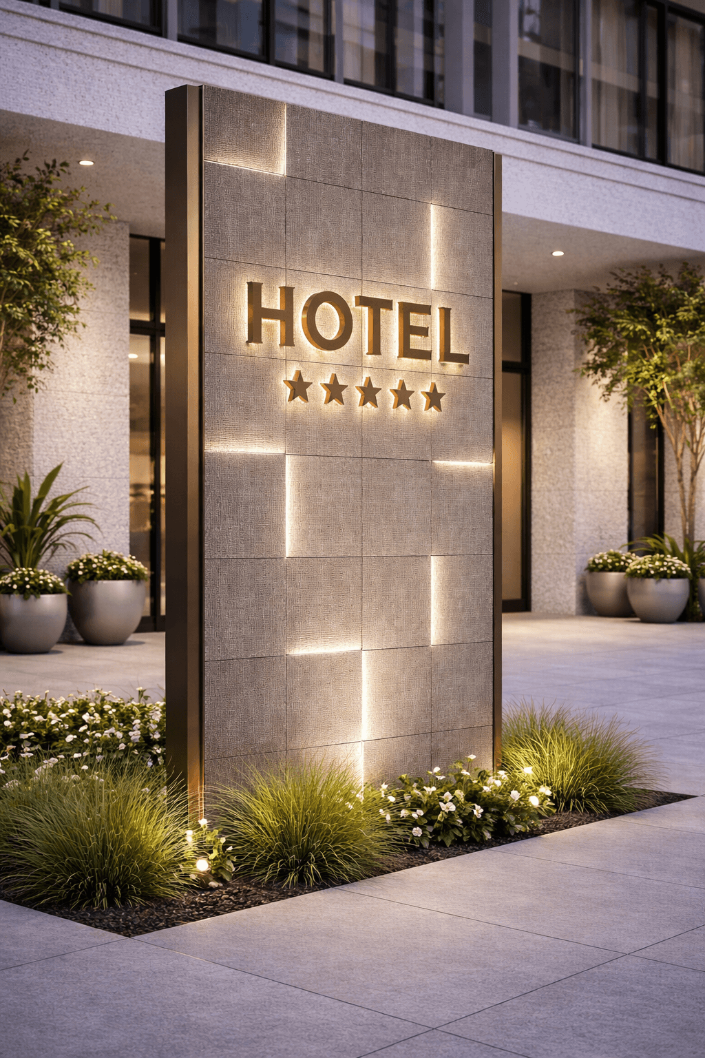 Jigsaw stone surface used in building facade with vertical lighting accents and contemporary design