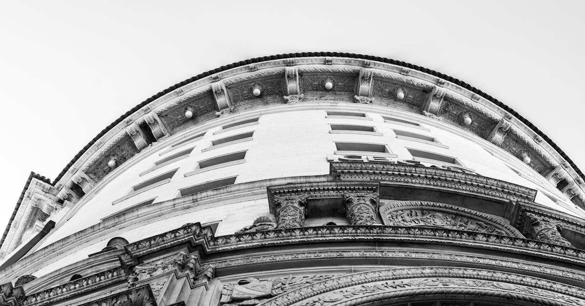 Black and white image capturing the intricate architectural details of a historic building facade fr