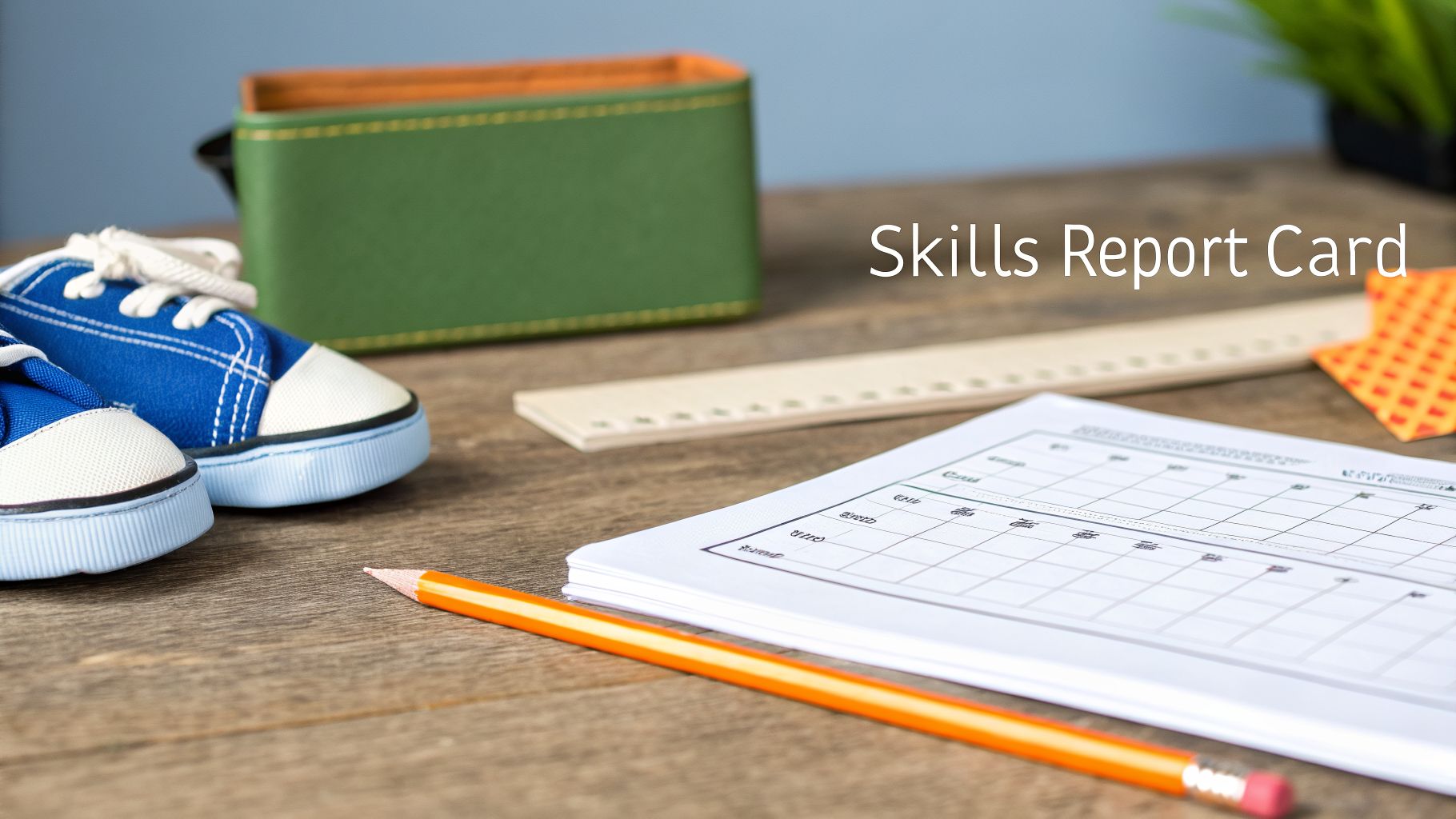 A school desk with blue sneakers, a green box, ruler, pencil, and a 'Skills Report Card' document.