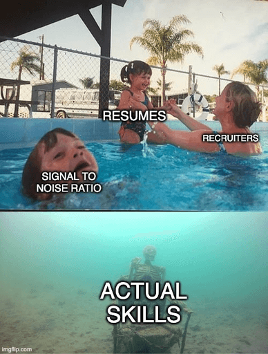 The "mom tending to one child while the other one drowns" meme, with attention going from "resumes" (beloved) to "signal to noise ratio" (ignored) to "actual skills" (a skeleton at the bottom of the pool).